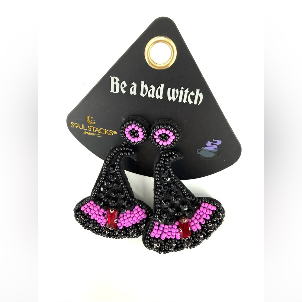 Soul Stacks Be a Bad Witch Black and Pink Witch Hat Beaded Earrings